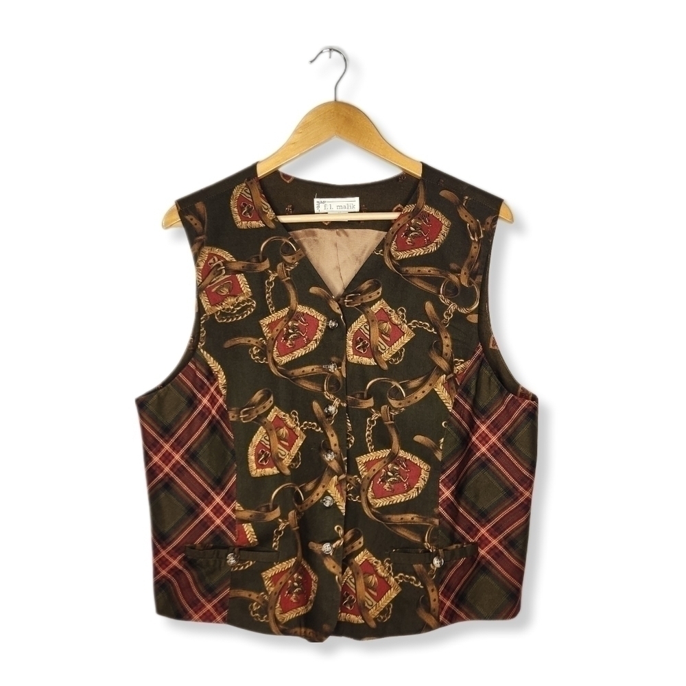 Vintage f.l malik 80s Equestrian Plaid Print Button Front Vest Size 14